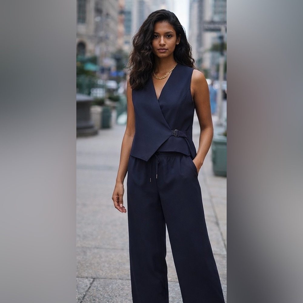 Christian Lacroix Navy Sleeveless Wrap Vest with Wide-Leg Pants